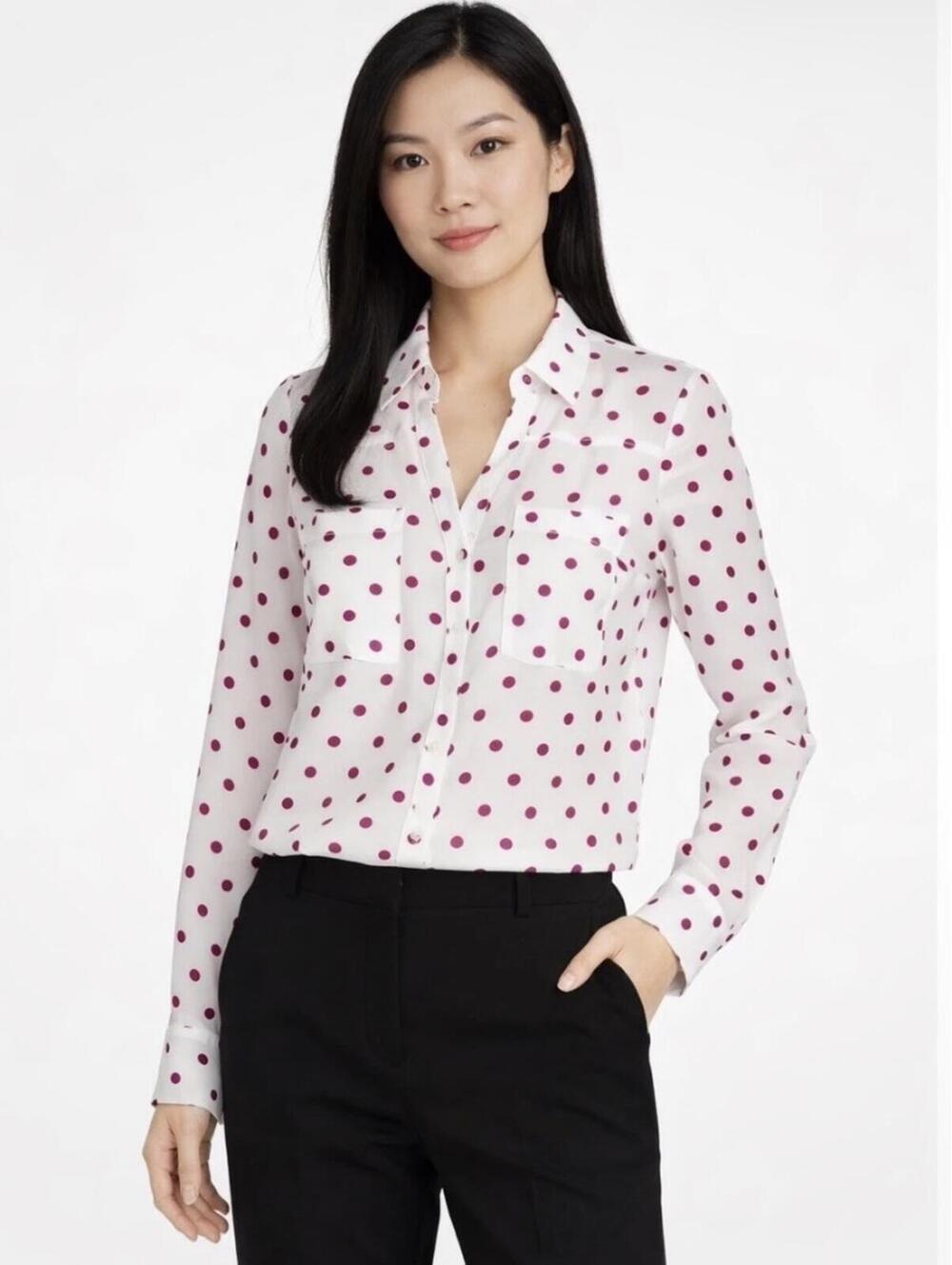 Express The Portofino Shirt Cream and Fuschia Polka Dot Blouse Size S